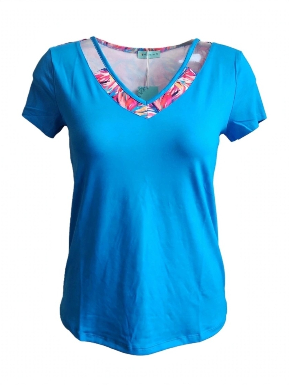 NWT Sunshine & Rainbow M Blue Tropical Print V-Neck Cold Shoulder Top
